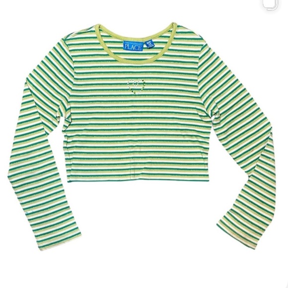 The Children's Place Tops - Green & White Striped Self Cropped Long Sleeve with Jeweled Heart